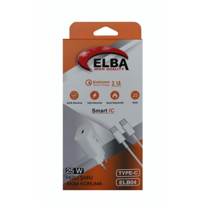Elba ELB04-PD-25WTypc Beyaz 25W Usb-c Ev Şarj Kafa+1mt Type-c To Type-c Kablo PD3.0-QC4.0 Hızlı Ş