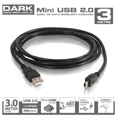 Dark DK-CB-USB2MINIL300 Mini USB 2.0 3mt Şarj ve Data Kablosu