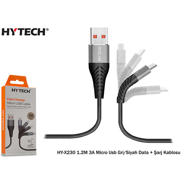 Android Kabloları (Micro USB) Hytech Hyx230 1.2M 3A Micro Usb,Gri-siyah 