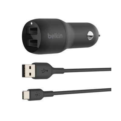 Belkin 24W Hızlı Araç Şarj Cihazı 2 Port USB Siyah+Type-C kablo